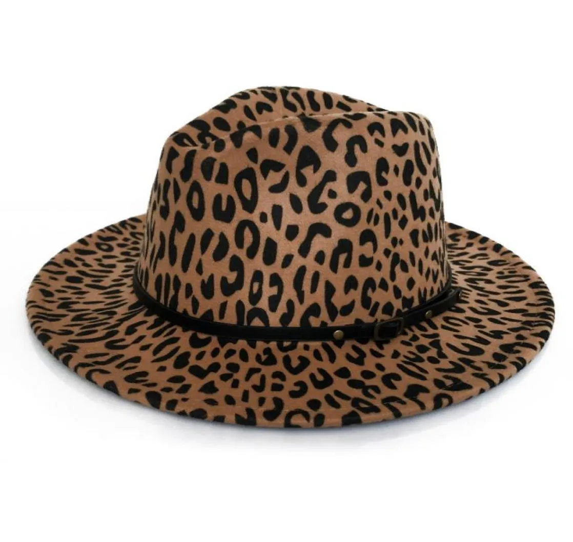 Fashion Women Leopard Print Wool Felt Fedora Jazz Hats Classic Bowler Hat Ladies Trend Large Brimmed Panama Party Trilby Cap3328807
