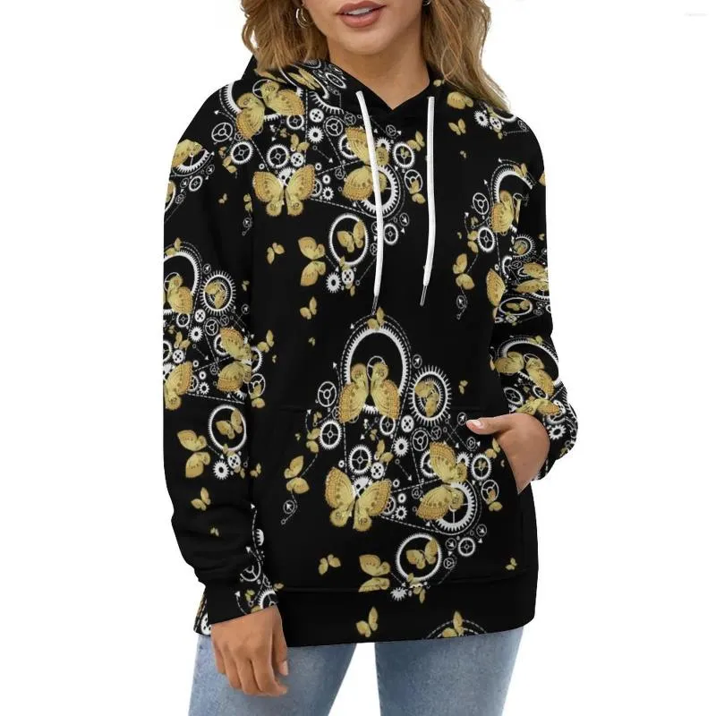 Hoodies feminino Gold Butterfly Gears Impressão Streetwear