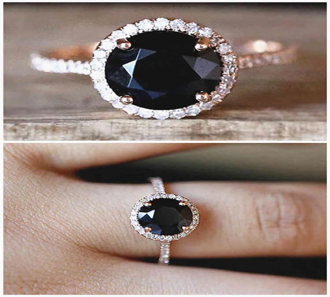 Moda Black Crystal Zircon Diamonds Gemtones Rings For Women Rose Gold Tone Jóias Bijoux Bague Acessórios para Party Gifts7328240