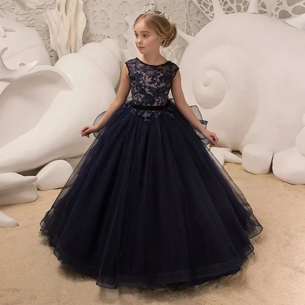 Elegant Long Flower Girl Dresses Jewel Neck Tulle Sleeveless with Lace Appliques Ball Gown Floor Length Custom Made for formal Occasion