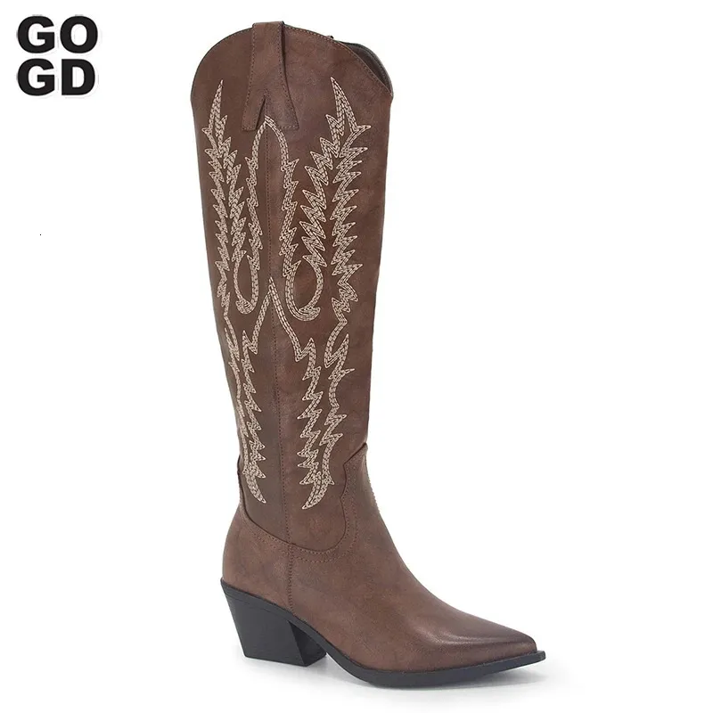 Stiefel Gogd 2024 Mode Frauen gestickt westliche Cowboy Cowgirl Stiefel Die Kniestiefel klobige Heels speicherte Zehen lange Reitstiefel 231213