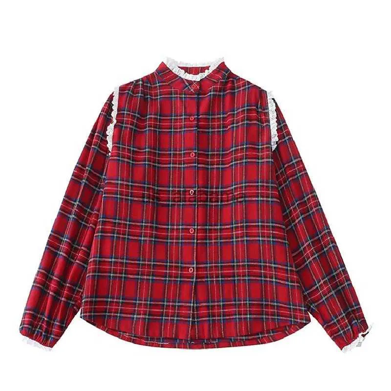 Damesblouses Overhemden Bebobsons' Nieuw herfstrood geruit overhemd Preppy-stijl Top met lange mouwen, enkele rij knopen en kanten kraag T-shirt YQ231214