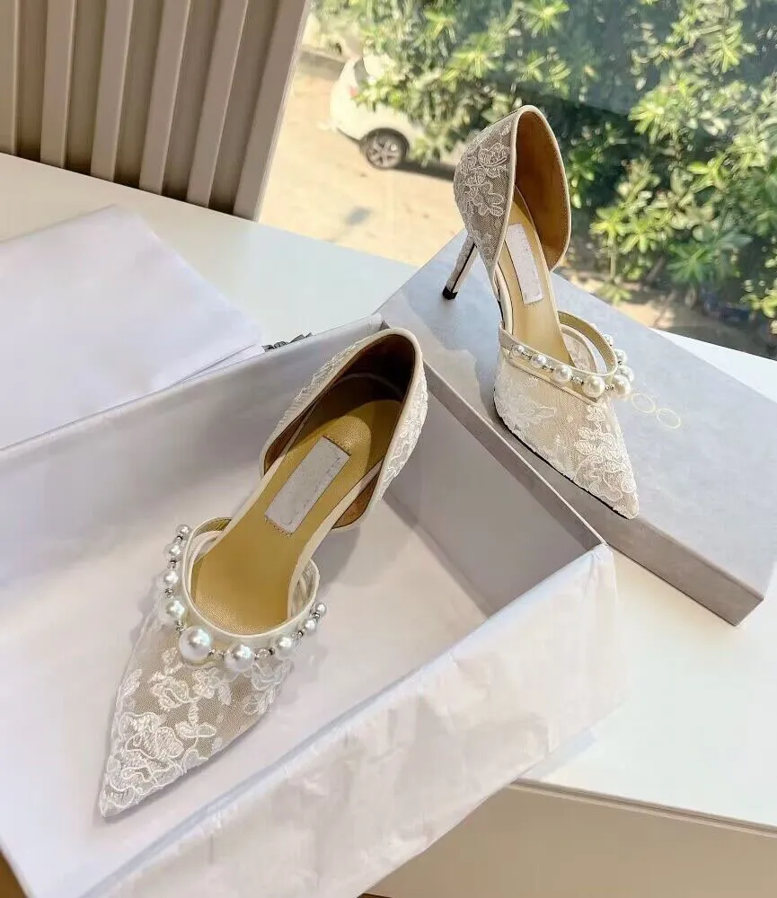 Bridal Aurelie Sandals Shoes Women Pointed Toe Pumps with Pearl Embellishment White Black Lace Party Wedding Lady Elegant High Heels EU35-43 With Box