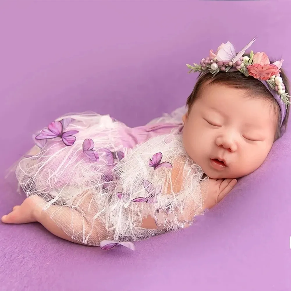 Andenken Baby Mädchen Outfit Schmetterling Spitze Prinzessin Kleid geboren Pografie Requisiten Sommer Strampler Säugling Po Shooting Kleidung Zubehör 231213