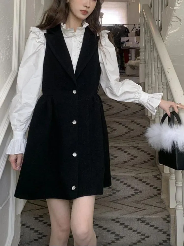 Abiti da lavoro Kawaii Set di abiti da 2 pezzi Donna Camicia dolce di colore puro Vintage Nero Midi Elegante abito di moda coreana Donna 2023 Autunno