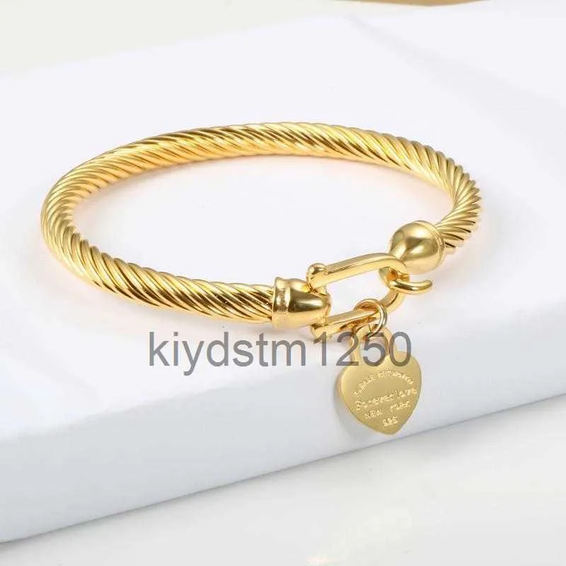 Pulseira de aço de titânio fio de ouro cor amor coração charme pulseira com fecho de gancho para mulheres homens jóias de casamento ibfl