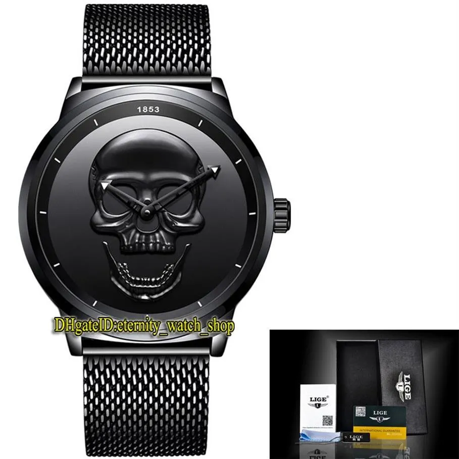 LIGE eternity LG9876 Спортивные мужские часы Черный скелетонизированный циферблат Кварцевый механизм Мужские часы Стальной корпус Нержавеющая сетка в форме Strap251e