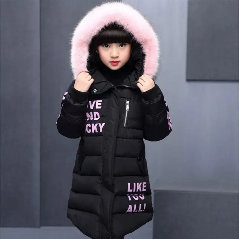 Jaqueta infantil para baixo casaco para meninas casaco de inverno sobretudo gola de pele quente jaqueta de algodão crianças roupas menina com capuz longo outerwear 14y 231214