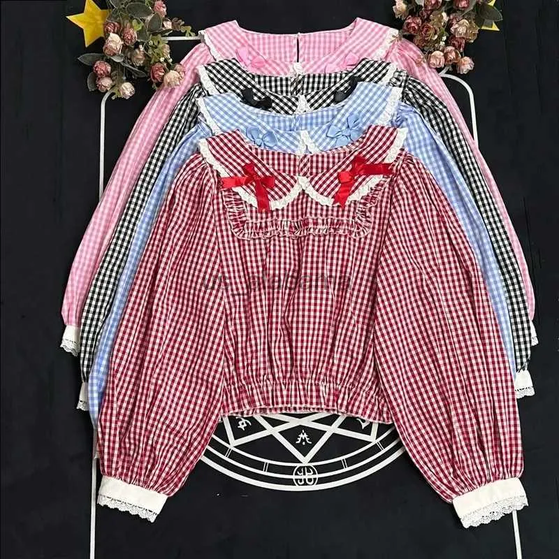 Blusas femininas camisas estilo preppy doce lolita blusas harajuku mulheres kawaii arco laço gótico manga longa xadrez jk camisas feminino y2k bonito blusas mujer yq231214