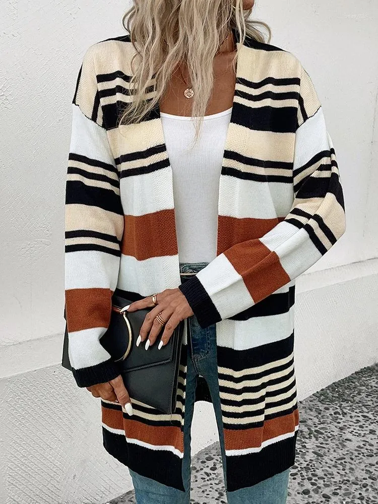 Magliette da donna Jim Nora Autumn e Winter Woven Stripes Elegant Casual Cardigan European Style Simple Coat