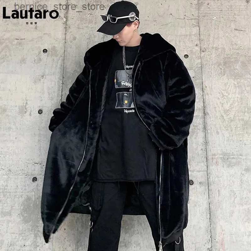 メンズファーフェイクファーラウタロ冬冬ロングサイズの黒い暖かい厚い柔らかいふわふわフェーコートメンとフードジッパーカジュアルルーズ韓国ファッション2021 Q231212