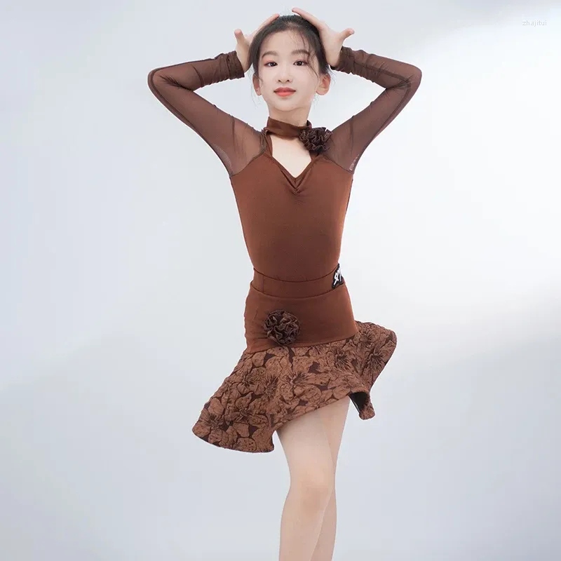 Scene Wear Brown Latin Dance Dress for Girls Two-Piece Tango Dancing Clothes Children Chacha Samba Rumba Competition Costume VDB7824