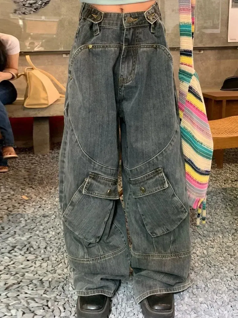 Мужские джинсы большого размера, ретро-панк-стиль, карманные инструменты, женские уличные модные прямые брюки Y2k, свободные протирочные материалы для мужчин 231214