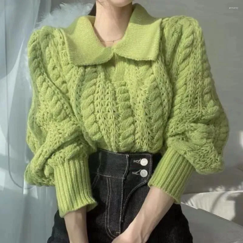 Женские свитера, осенний корейский стиль, милый свитер с длинными рукавами для девочек, свободный пуловер с воротником-поло, ажурный трикотаж