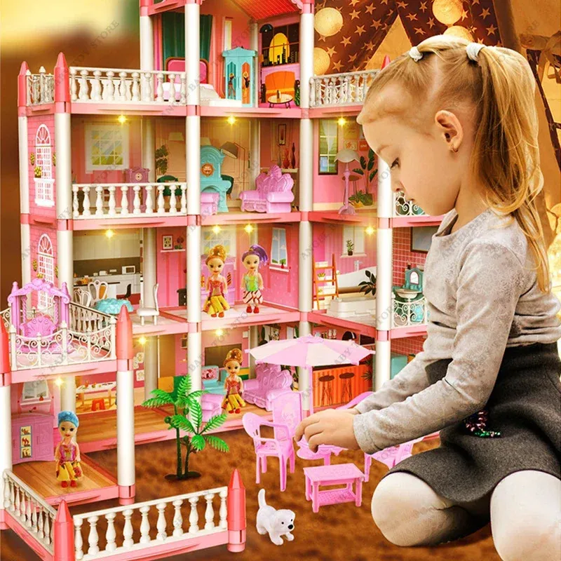 Accessori per casa delle bambole Simulazione Villa Finta PlayHouse Castello assemblato Manuale Principessa Ragazze Regali di compleanno Giocattoli Bambini 231213