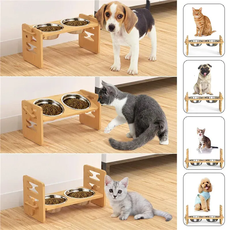 Comederos para perros Cuencos elevados de bambú para perros con soporte ajustable para cachorros y gatos, soporte para cuencos de agua, comedero para conejos para mascotas pequeñas y medianas con 231213