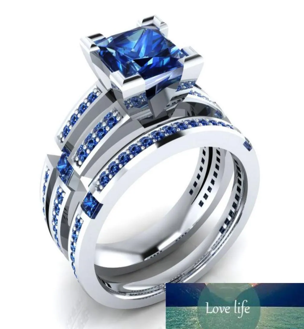 Anneaux de bande Nouveau luxe bleu couleur princesse 925 en argent Sterling bague de mariage ensemble pour les femmes dame anniversaire cadeau bijoux vente en vrac R7434762