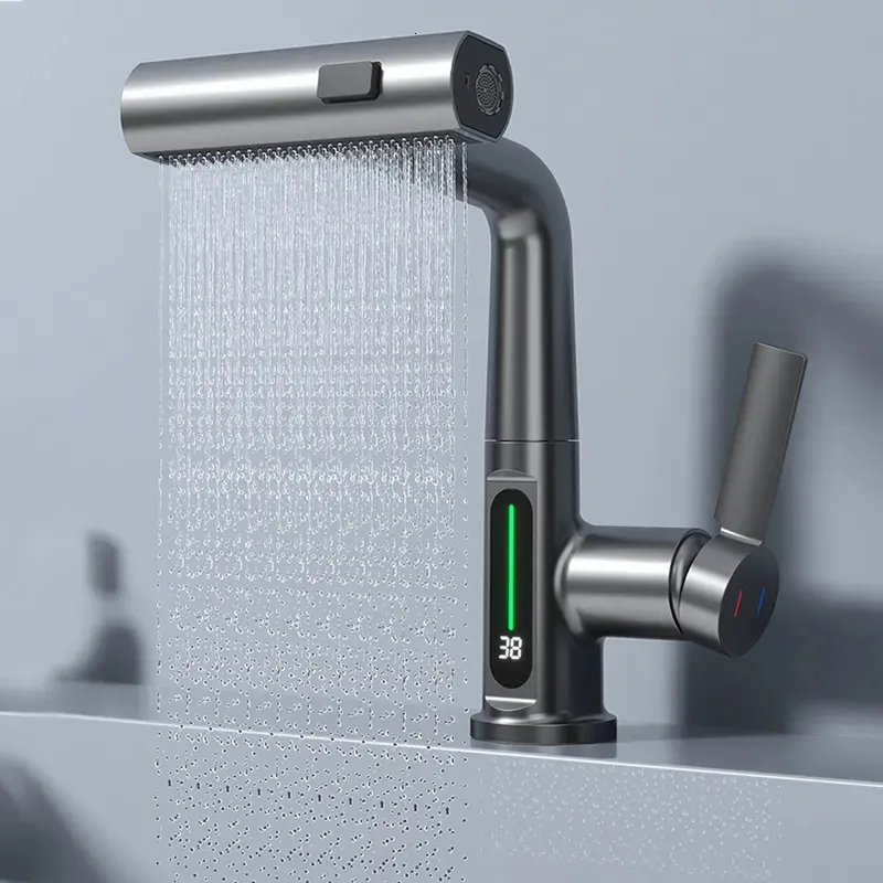 Andra kranar duschar ACCS vattenfallstemperatur Digital Display Basin kran Lyft upp stream Sprayer Cold Water Sink Mixer Wash Tap för badrum 231213
