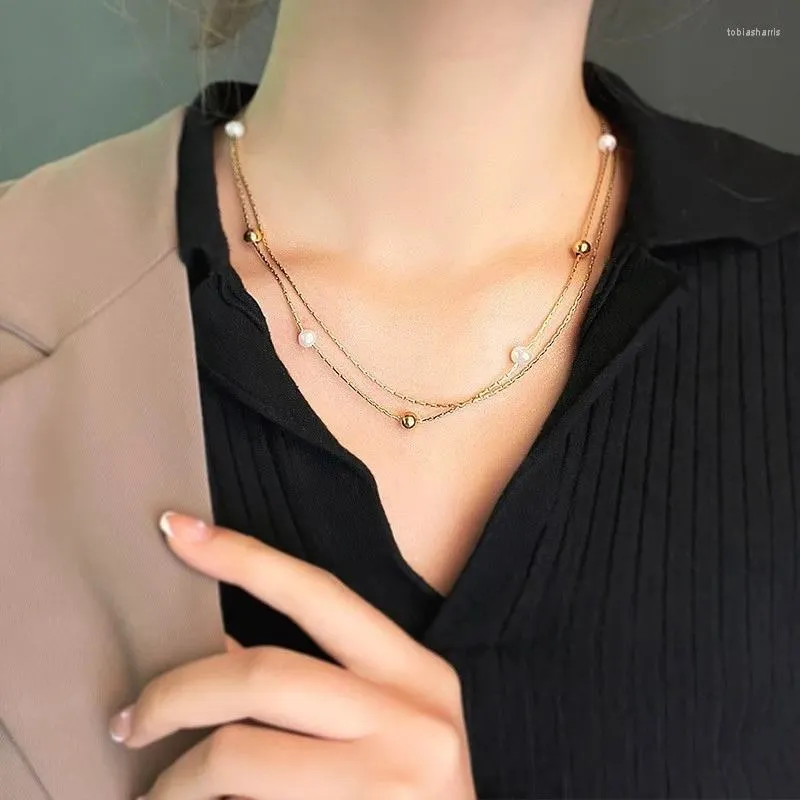 Chains ANENJERY L316 Stainless Steel Double Pearl Metal Ball Necklace For Women Elegant Vintage Female Jewery