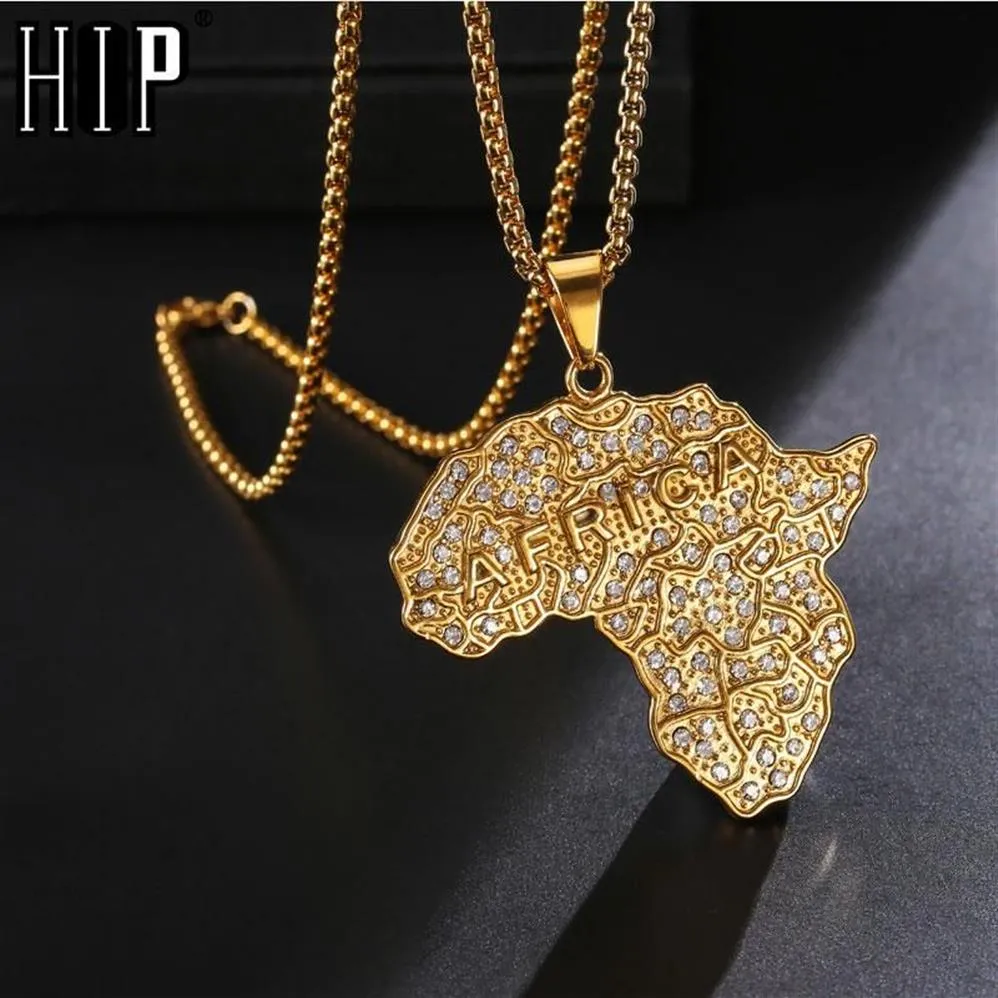 Hip Hop Rapper CZ Stone Bling Iced Out Africa Map Pendants 24inch Color Gold Color Stainlist Stain Necklace for Men Jewelry298o