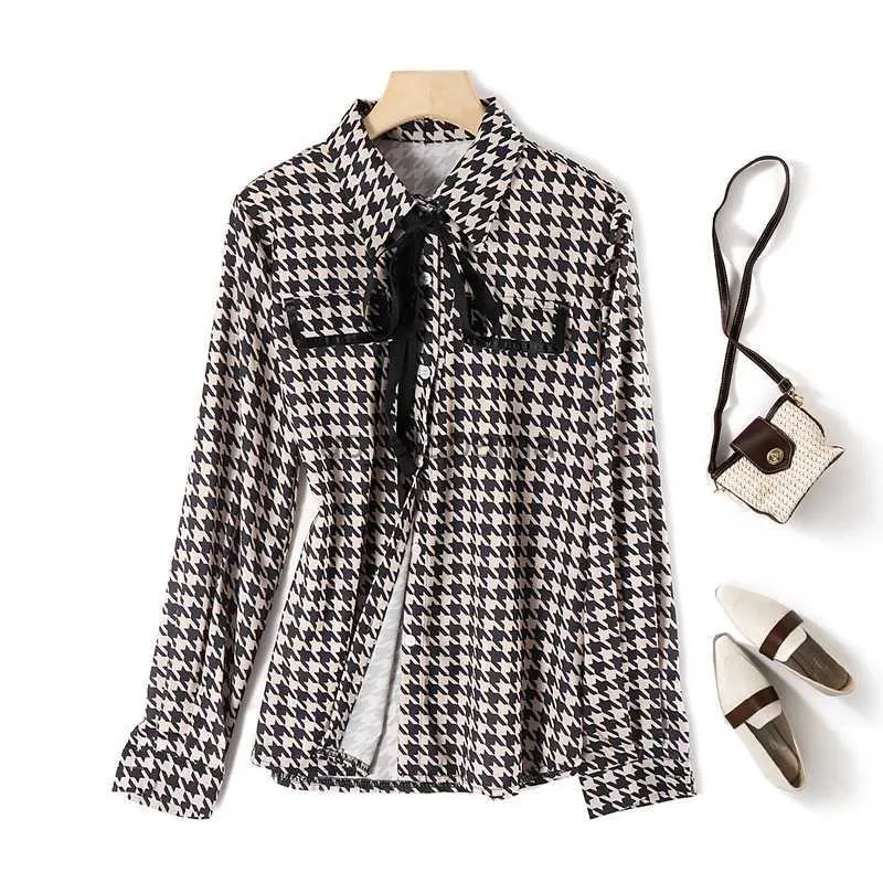 Women's Blouses Shirts Houndstooth Plaid Vintage Turn-Down Collar Lace Up Long Sleeve Women's Blouse Shirt Pullover Korean Fashion Female Clothing Tops YQ231214