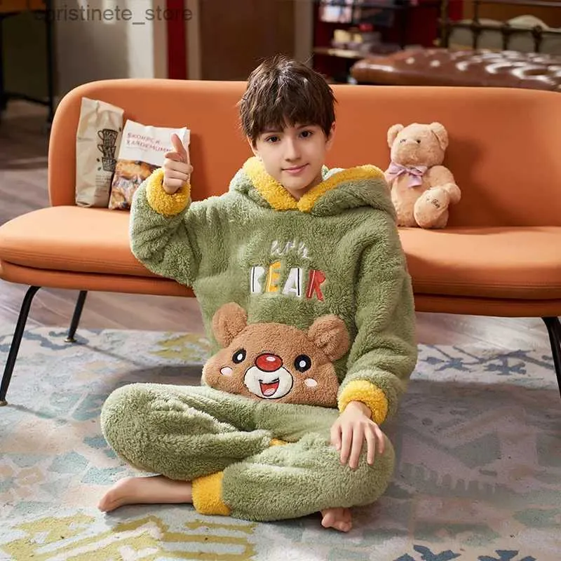 Pyjamas Vêtements pour enfants à manches longues à capuche garçons pyjamas ensemble hiver chaud Panda Anime flanelle enfant en bas âge filles Pijamas automne pyjamas enfants R231214