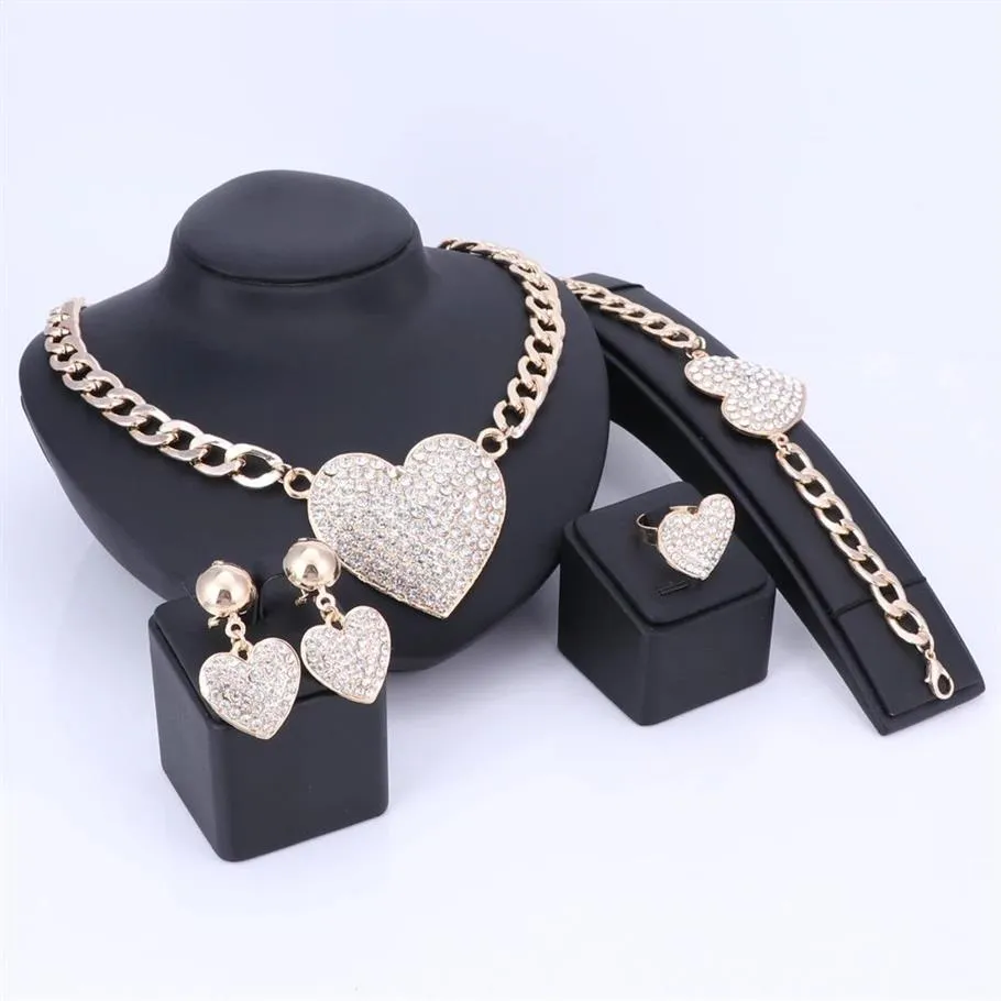 Vrouwen Sieraden Sets Romantische Hart Liefde Kristal Verklaring Chokers Ketting Oorbel Ring Set Voor Bruids Goud Kleur Bruiloft Dress2515