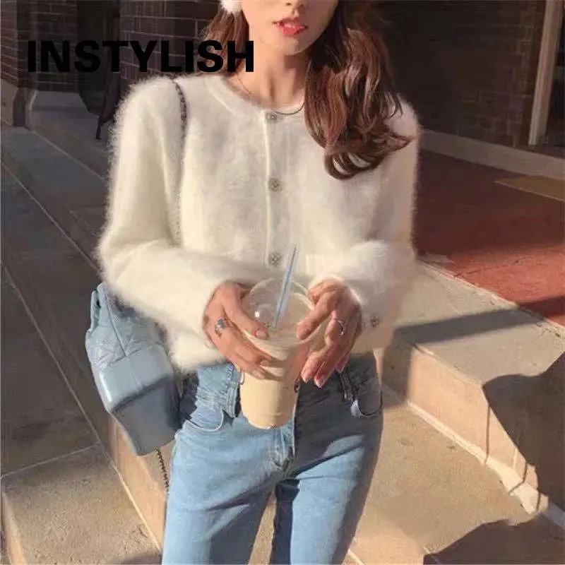 Womens Sweaters Women Elegant Cashmere Cropped Cardigan Knitted Sweater Coat Korean Harajuku Button Up Slim Cardigans Streetwear 231214