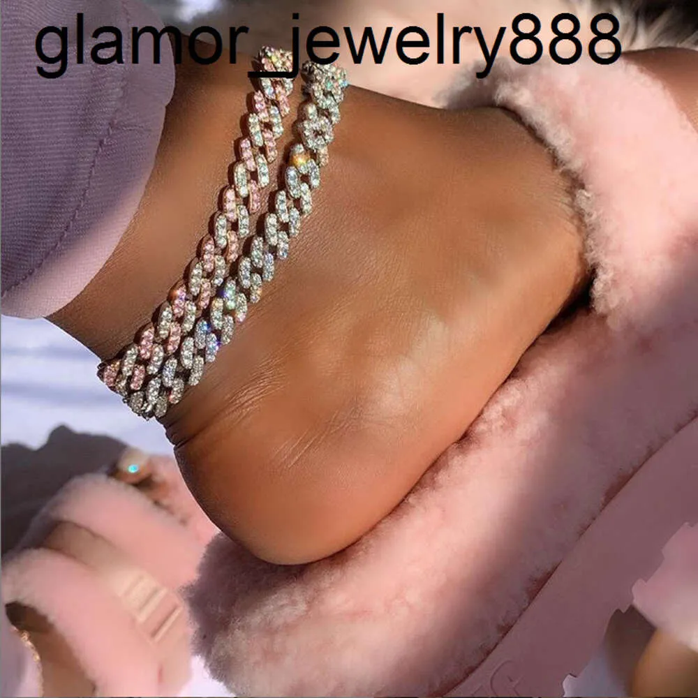 9MM Iced Out Bling CZ Miami Cuban Link Chain Anklet Rose Pink