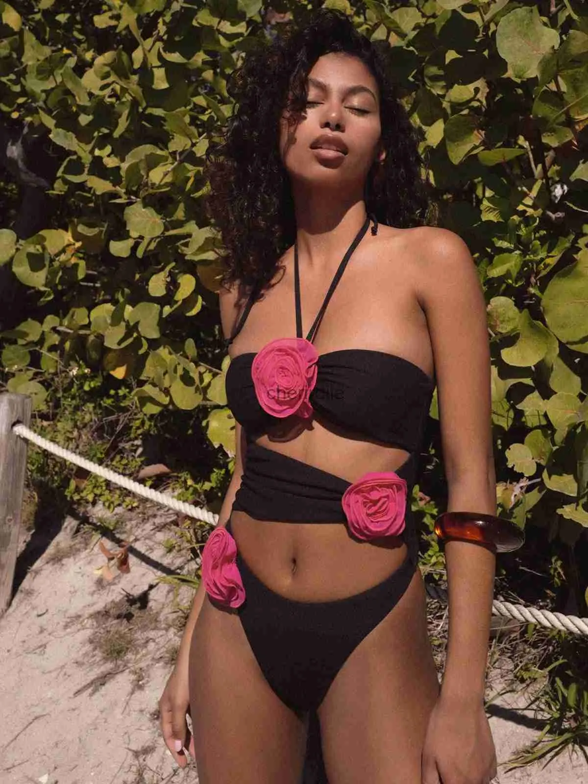 Kadın Mayo Yeni 3D Gül Üç Boyutlu Çiçek Mayosu Kadın Yüksek Bel Yüksek Bel Bikini Saf Renk Bölünmüş Plaj Giyim Bikini Mayo YQ231218