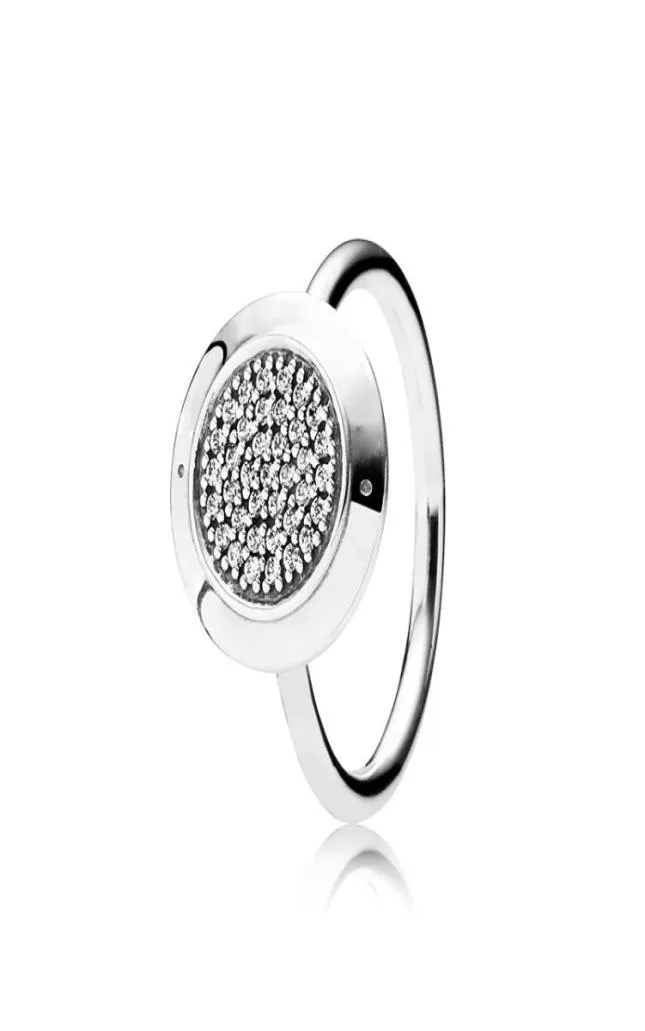 Clássico designer autêntico 925 prata esterlina anel feminino ajuste estilo anéis jóias com logotipo disco redondo cz pavimentado ring6594341