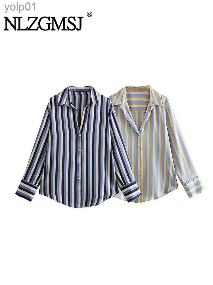 Women's Blouses Shirts TRAF 2023 Autumn Y2K Satin Striped Print Women Casual Blouse V Neck Button-Up Long Sle Fitted Shirt Fe TopL231214