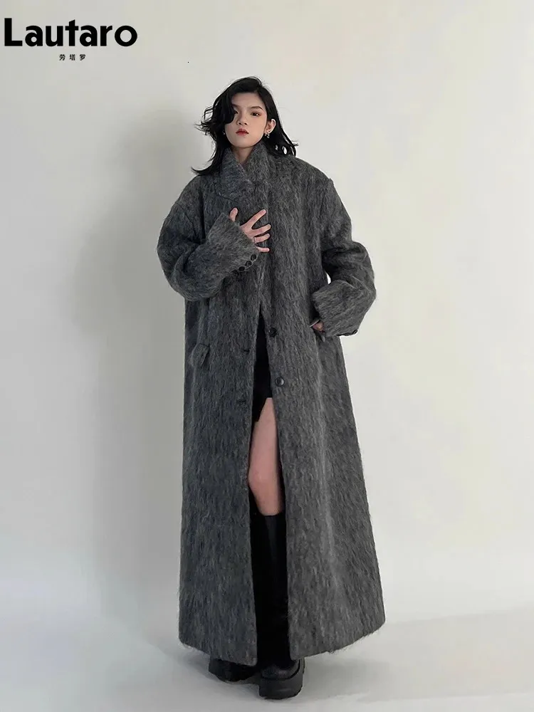 Miscele da donna Lautaro Autunno Inverno Vestire Cappotto oversize lungo casual caldo grigio Cappotto maxi soffice di lana 231214