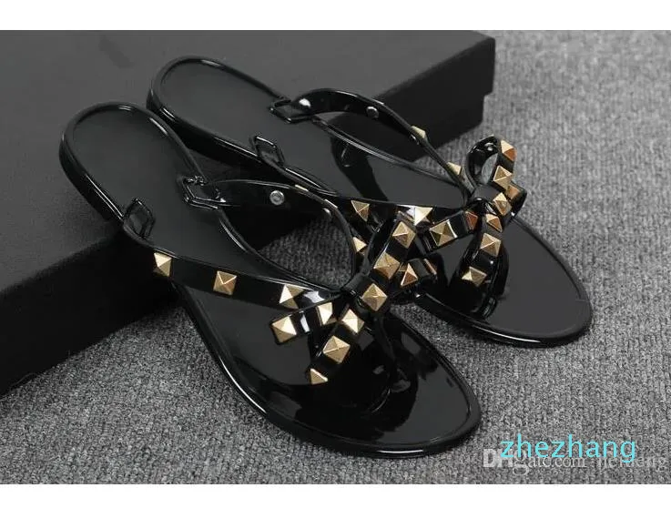 Ny kvinna sommar sandaler stora bowknot flip flops strand sandalias femininas platt gelé designer sandaler