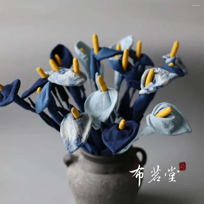 Decorative Flowers Blue-dyed Cloth Art Calla Lily Handmade Plant Ethnic Style Simulation Flower Home Decoration Arrangement