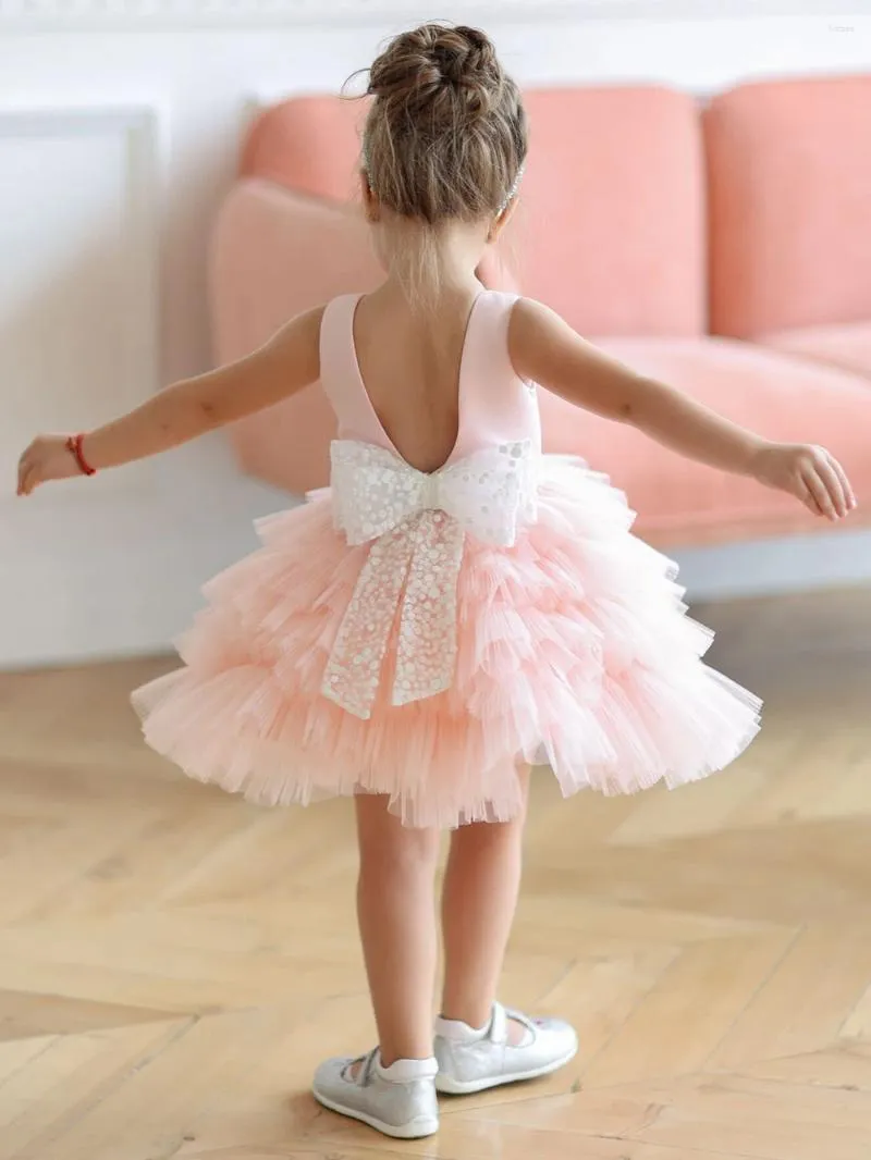 Robes de fille mignonnes faites à la main, robe de baptême à gros nœud, princesse, vêtements d'anniversaire pour enfants en bas âge