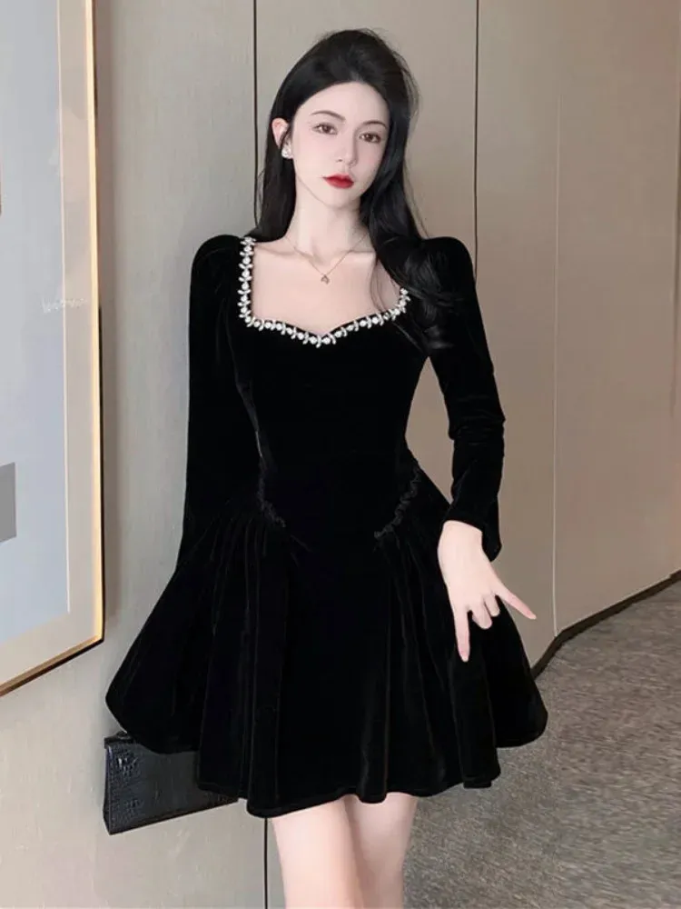 a line black velvet dress Black A-line Off Shoulder Velvet Long Prom Dress, Velvet Formal Evenin
