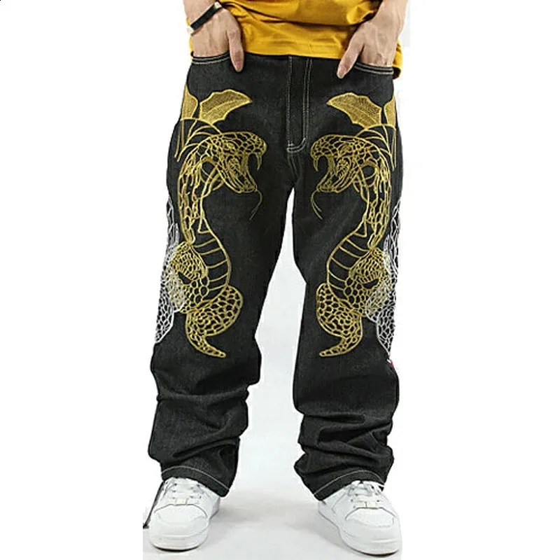 Jeans pour hommes Python Broderie Baggy Mid Loose Hip Hop Hommes Denim Skateboard Pantalon à jambes larges Plus Taille 231214