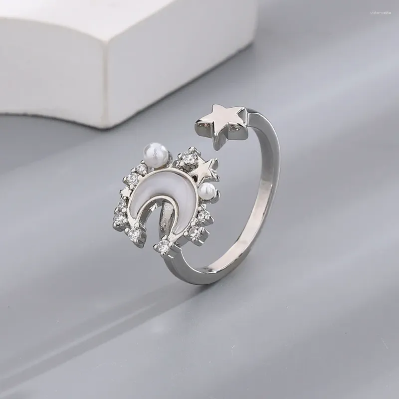 Cluster Ringe 925 Sterling Silber Perle Shell Stern Mond Ring Für Frauen Mädchen Koreanische Romantische Mode Party Edlen Schmuck Zubehör