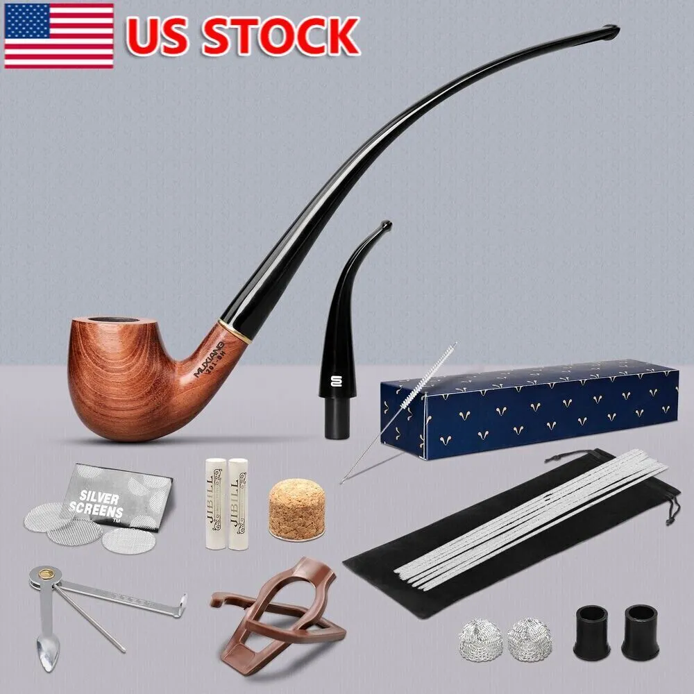 Rosewood Churchwarden Gandalf Pipe Long Stem Bent Smoking Pipe W/ Accessories