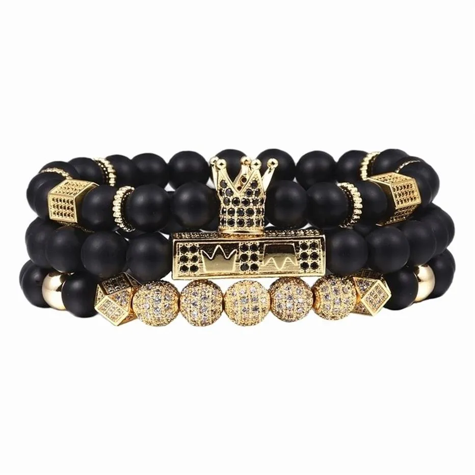 3st Set Men Woman Bead Armband Royal Crown Charm Bangle Natural Pärlor Buddha Armband för kvinnor och Mens Pulseras Masculina Y200244I