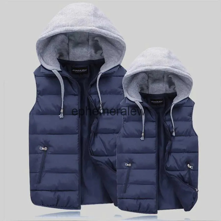 Men's Vests Men's Padded V Autumn Winter Hooded Jaets Outerwear i Warm Sleeveless Coat Casual Waistcoat Men Cloing Male Navy Topsephemeralew