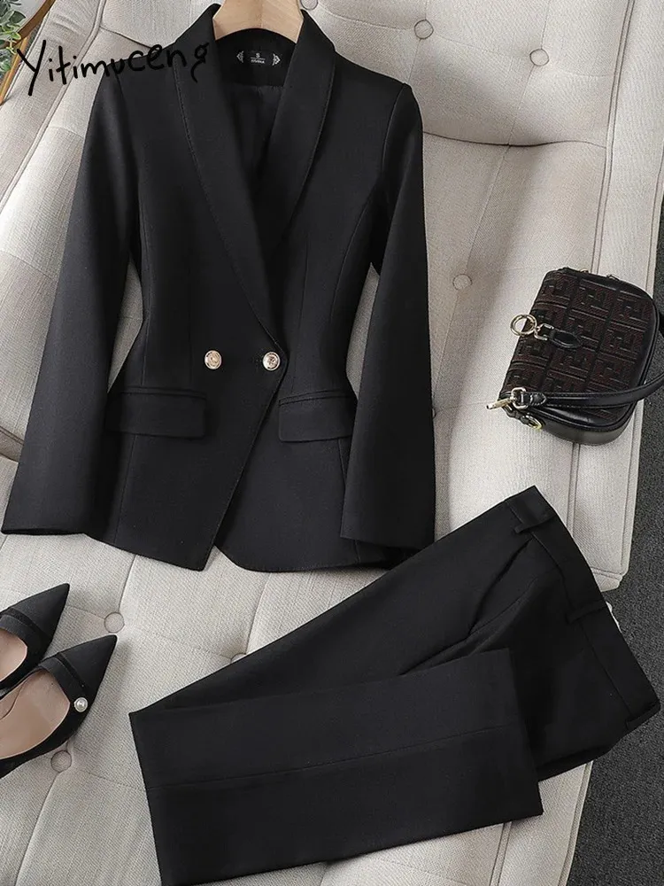 Pantalones de dos piezas para mujer Yitimuceng Ropa de oficina Conjunto de traje de mujer Dama Cuello de doble botonadura Elegante Blazers de manga