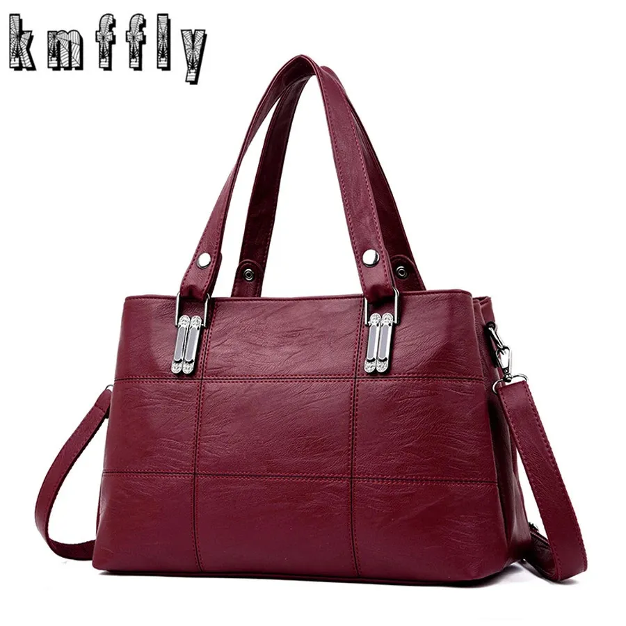 Sacos de noite KMFFLY marca mulheres bolsas de couro bolsas de ombro femininas bolsa mensageiro grande capacidade senhoras casual sacola preto / vermelho 231213