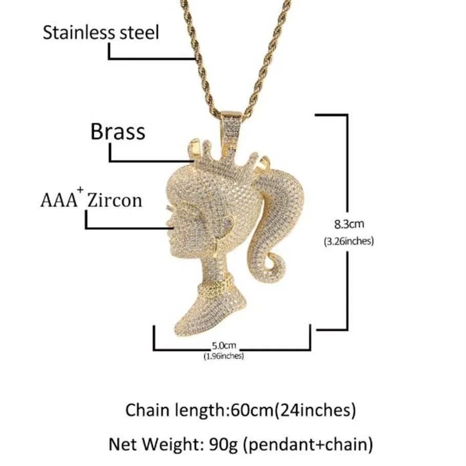 Hip Hop AAA CZ Stone Paved Bling Iced Out Crown Barbie Queen Pendants Necklace for Men Women Unisex Rapper Jewelry Gift2633