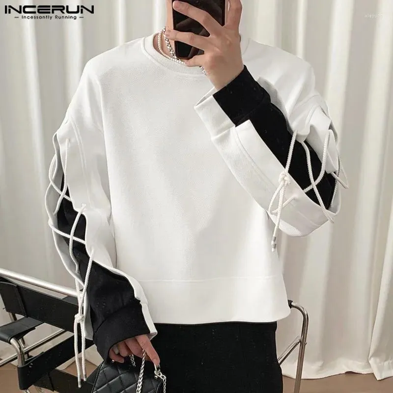 Men's T Shirts Men Shirt Patchwork Lace Up O-neck Streetwear Long Sleeve Korean Tee Tops 2023 Loose Stylish Casual Clothing INCERUN