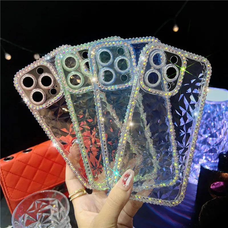 Diamond Mönster Ladies Rhinestone Glitter Transparent telefonfodral för iPhone 15 14 13 12 11 Pro Max 7 8 X Xs Soft TPU Clear Cover