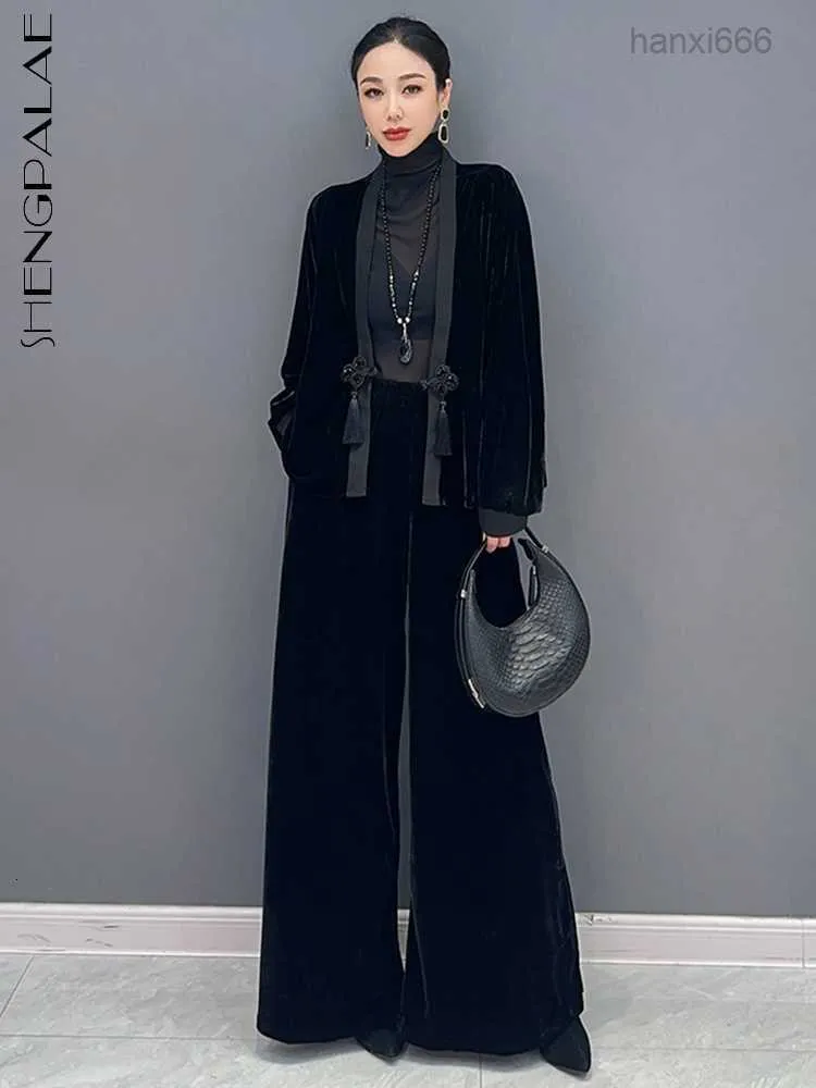 Womens Two Piece Pants SHENGPALAE Velvet 2 Pieces Sets Fashion Vneck Chinese Knot Full Sleeve Coat Solid Color High End Loose Trousers 5R5854 230920