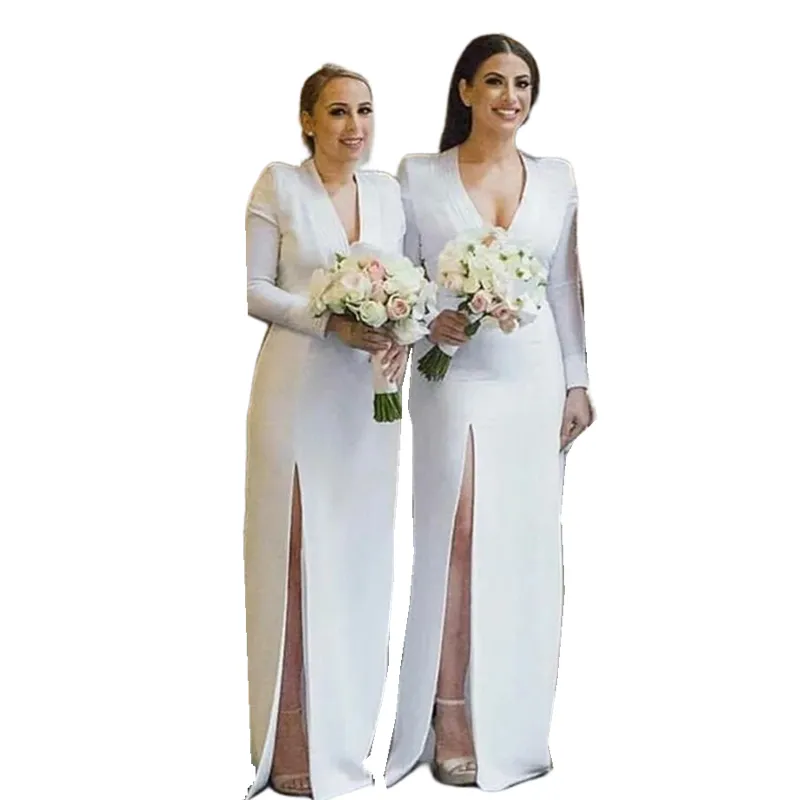 sheath v neck bridesmaid dresses V-neck Sheath Elastic Satin Long Bridesmaid Dresses  ClaireBridal
