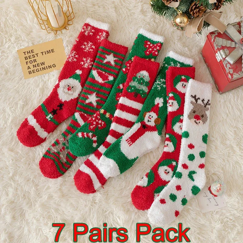 Meias Hosiery 7 Pares Mulheres Meias de Natal Ano Inverno Quente Fuzzy Meias Home Floor Long Knee High Fluffy Coral Fleece Sock 231215